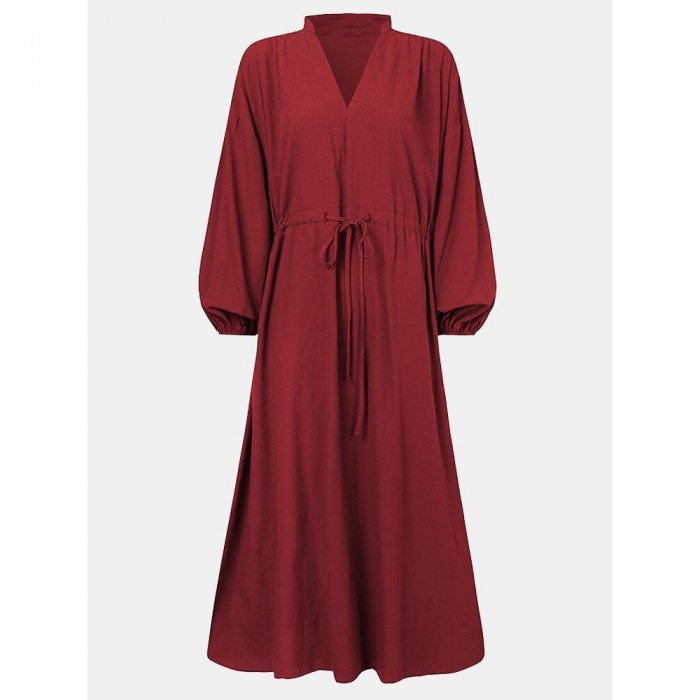 Elegant Damen Solid Color V-neck Long Sleeve Shirt Dress