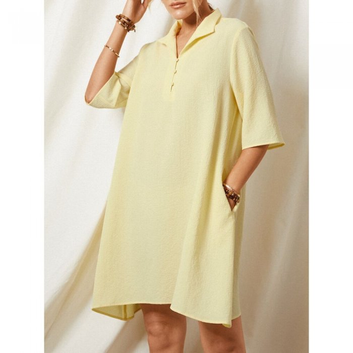 Solid Color Lapel Pocket Half Sleeve Casual Dress For Women