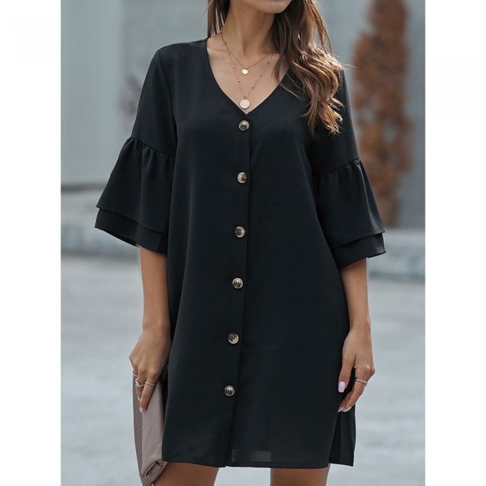 Loose Button V-neck 3//4 Length Sleeve Solid Color Casual Dress