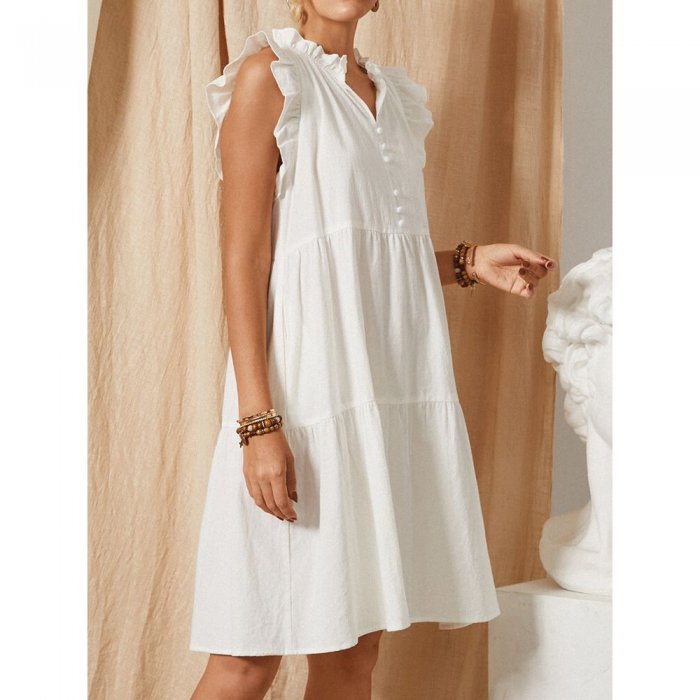 Solid Color V-neck Sleeveless Ruffle Casual Dress For Women