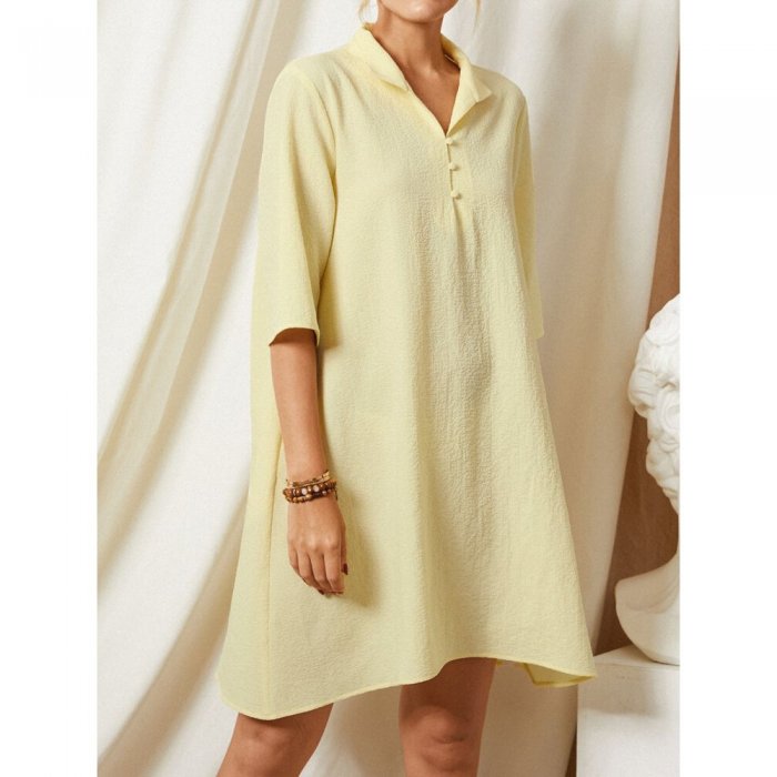 Solid Color Lapel Pocket Half Sleeve Casual Dress For Women