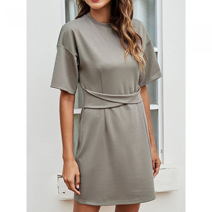 Solid Color Short Sleeve O-neck Casual Dress for Women