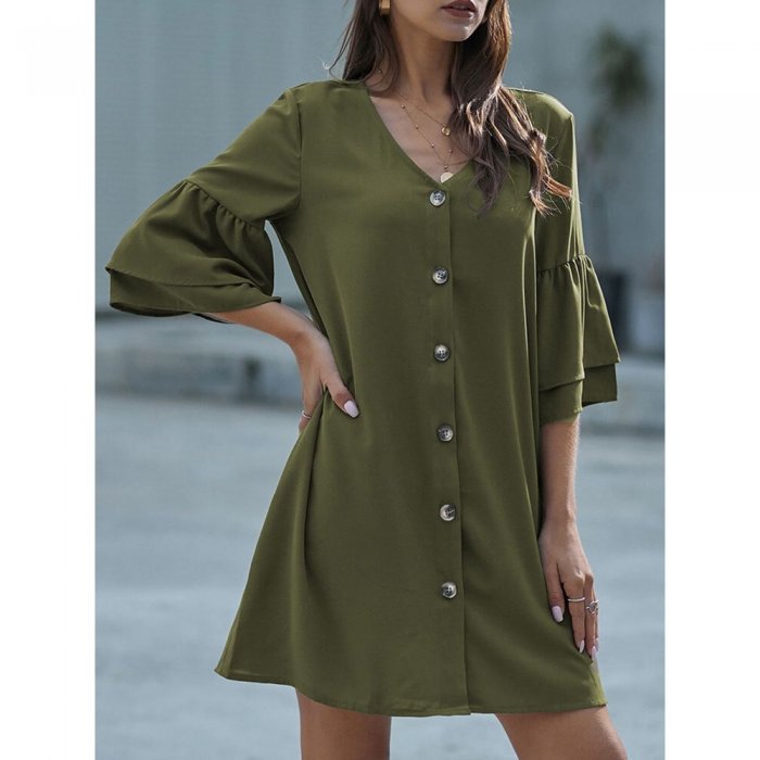 Loose Button V-neck 3//4 Length Sleeve Solid Color Casual Dress