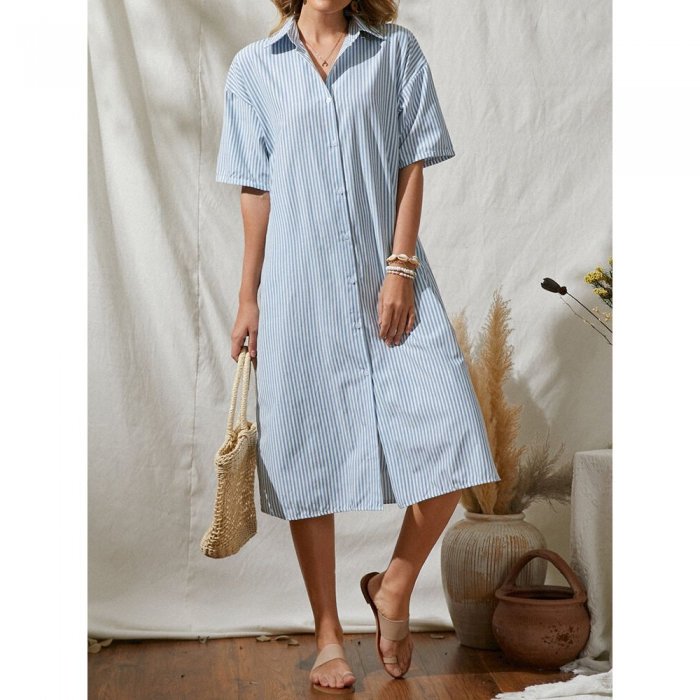 Loose Stripe Button Half Sleeve Women Casual Shirt Dress