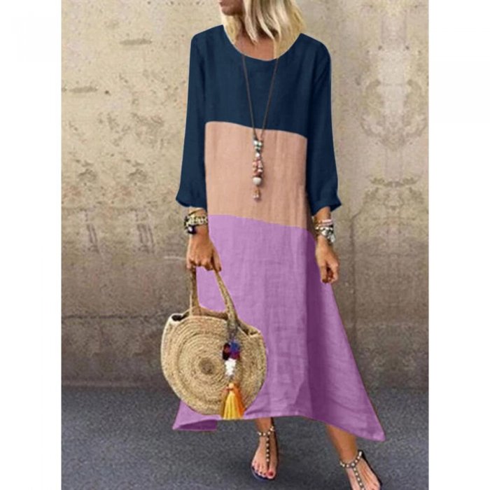 Casual Patch Crew Neck Long Sleeve Overhead Dress