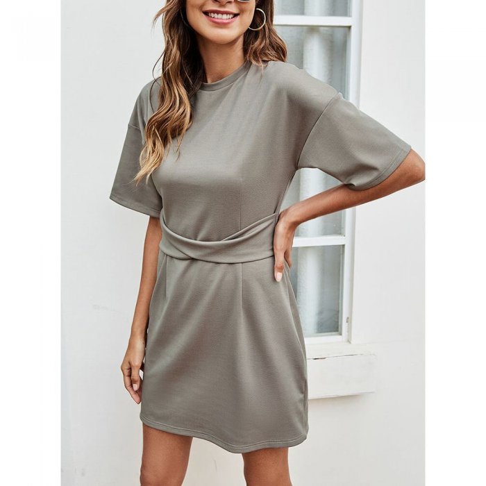 Solid Color Short Sleeve O-neck Casual Dress for Women