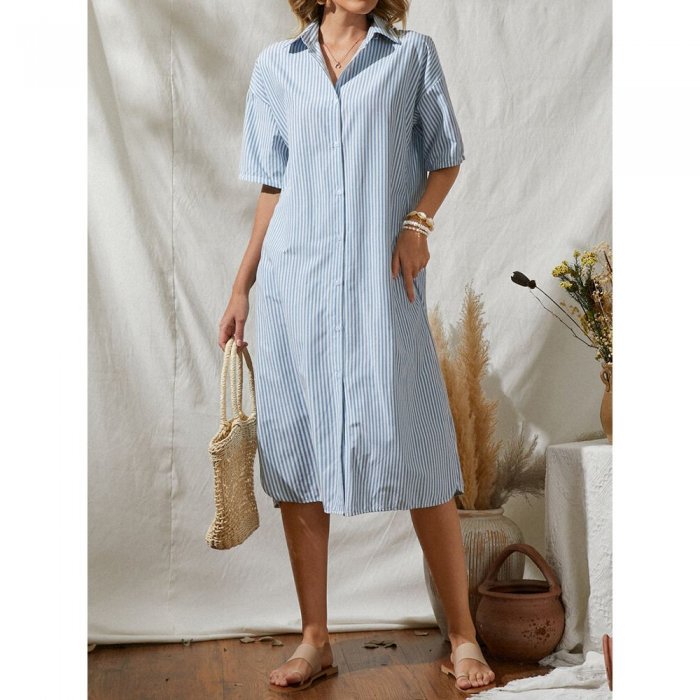 Loose Stripe Button Half Sleeve Women Casual Shirt Dress