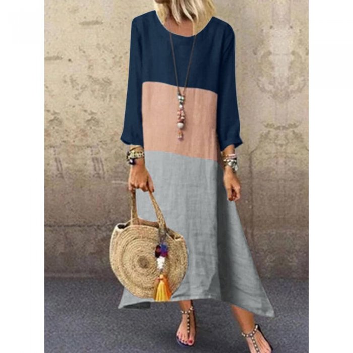 Casual Patch Crew Neck Long Sleeve Overhead Dress