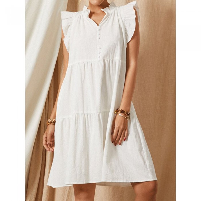 Solid Color V-neck Sleeveless Ruffle Casual Dress For Women