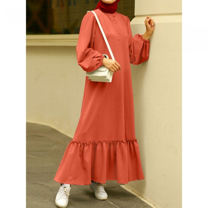 Solid Color Button Ruffled Hem Stand Collar Long Sleeve Dress