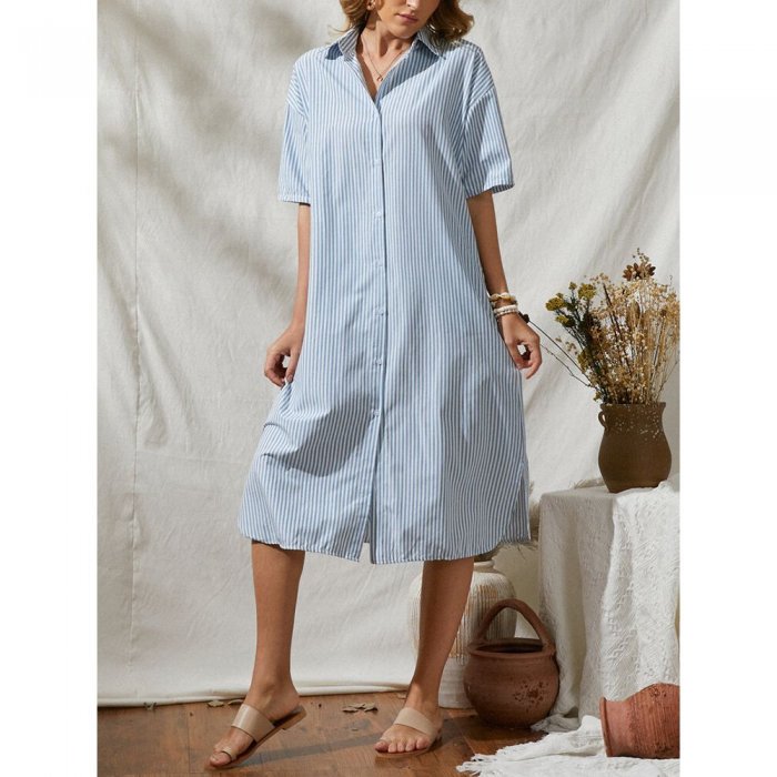 Loose Stripe Button Half Sleeve Women Casual Shirt Dress