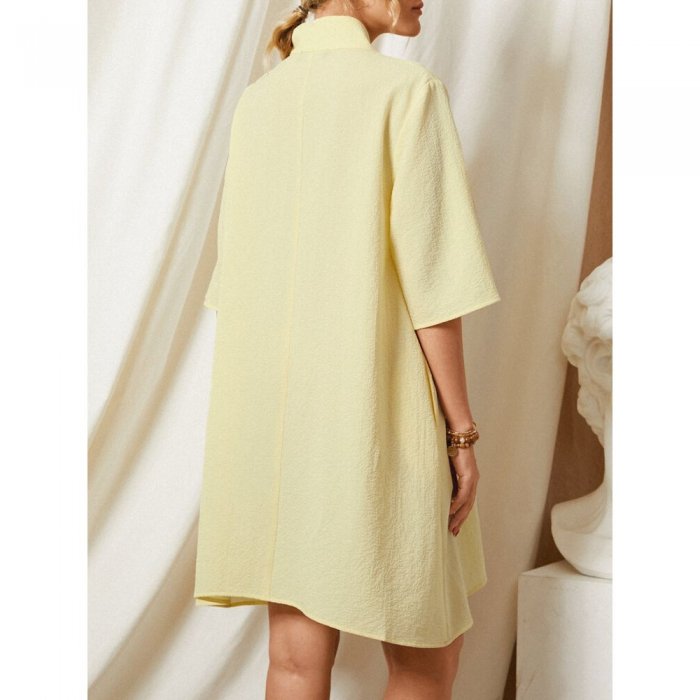 Solid Color Lapel Pocket Half Sleeve Casual Dress For Women