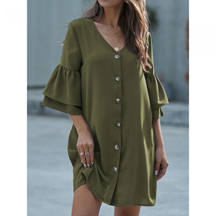 Loose Button V-neck 3//4 Length Sleeve Solid Color Casual Dress