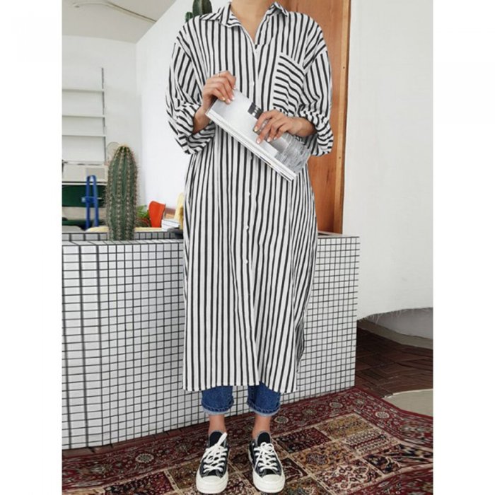 Striped Turn-down Collar Chest Pocket Casual Shirt Dress