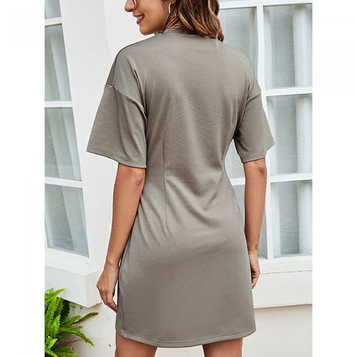 Solid Color Short Sleeve O-neck Casual Dress for Women