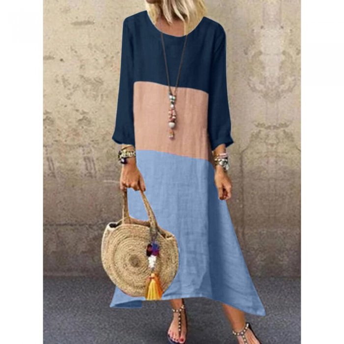 Casual Patch Crew Neck Long Sleeve Overhead Dress