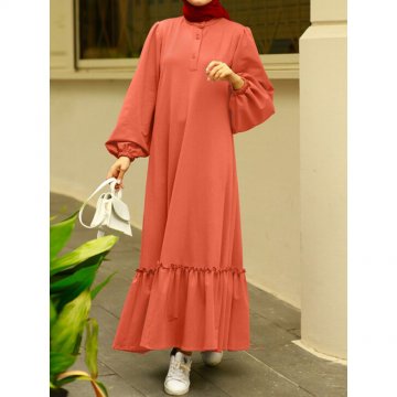 Solid Color Button Ruffled Hem Stand Collar Long Sleeve Dress