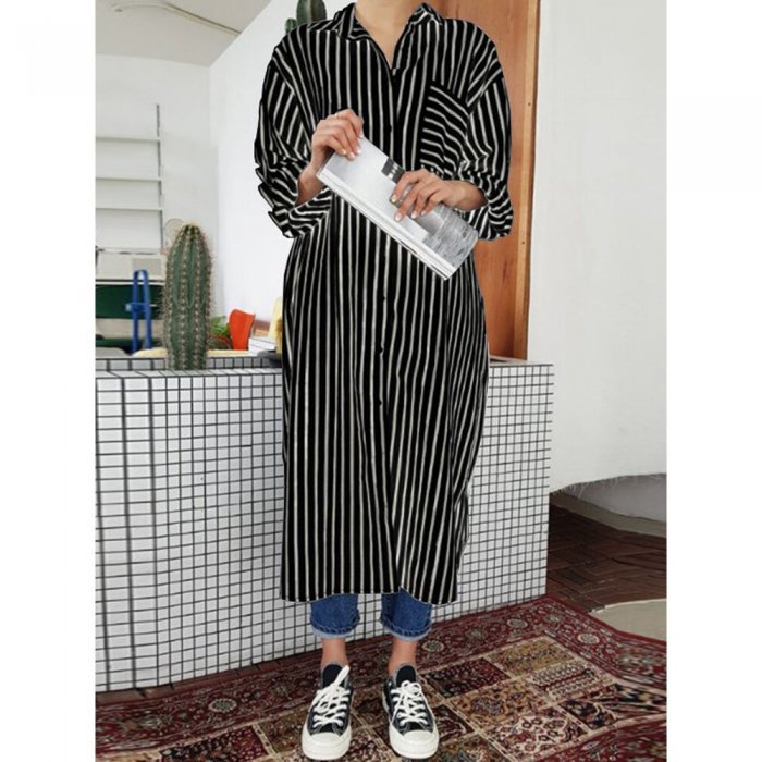 Striped Turn-down Collar Chest Pocket Casual Shirt Dress