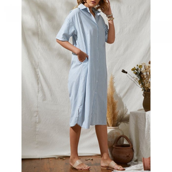 Loose Stripe Button Half Sleeve Women Casual Shirt Dress