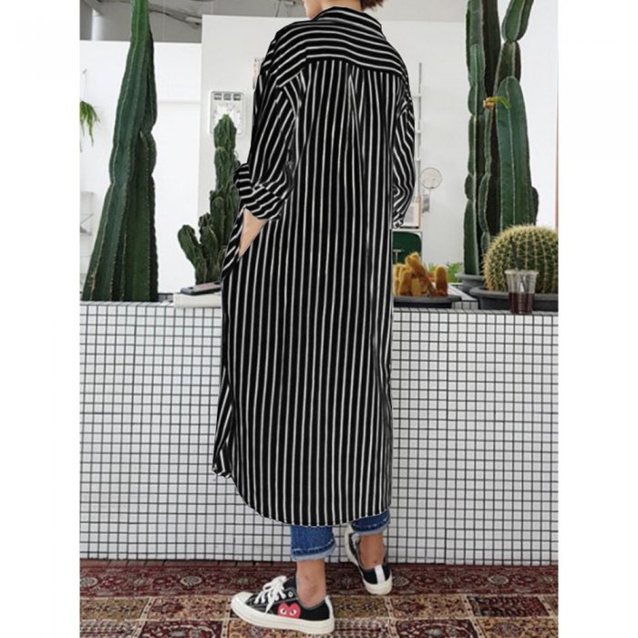 Striped Turn-down Collar Chest Pocket Casual Shirt Dress