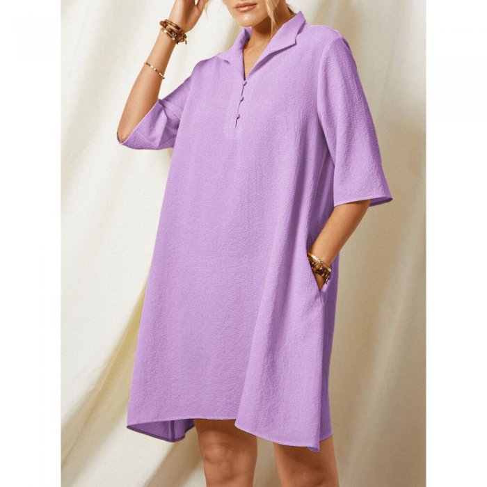 Solid Color Lapel Pocket Half Sleeve Casual Dress For Women