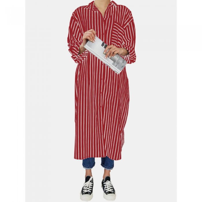 Striped Turn-down Collar Chest Pocket Casual Shirt Dress