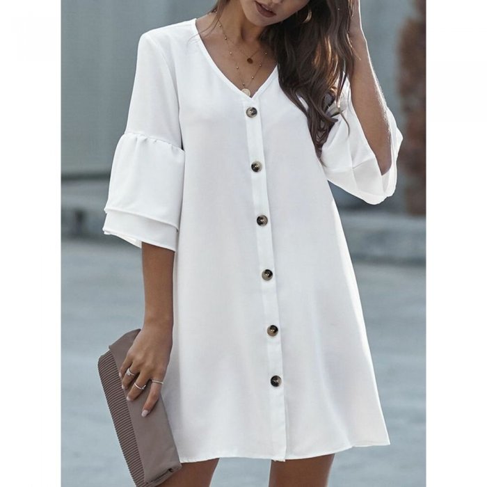 Loose Button V-neck 3//4 Length Sleeve Solid Color Casual Dress