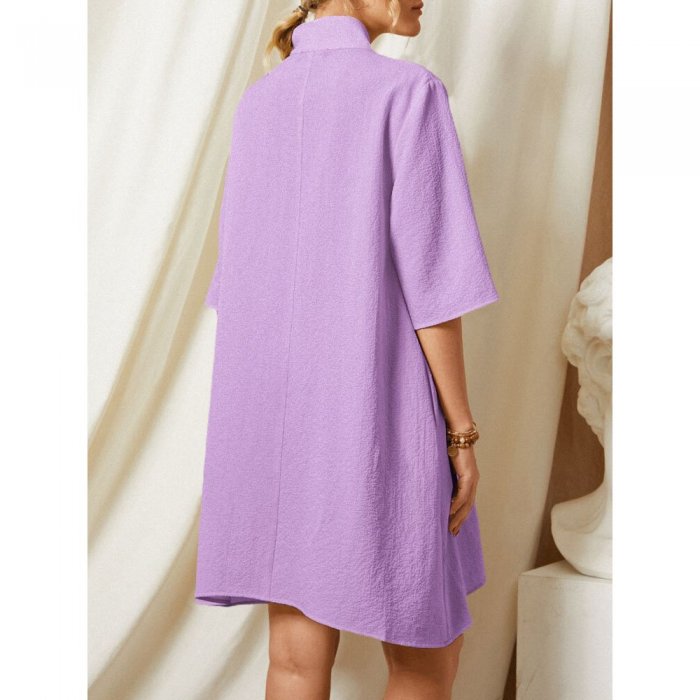 Solid Color Lapel Pocket Half Sleeve Casual Dress For Women