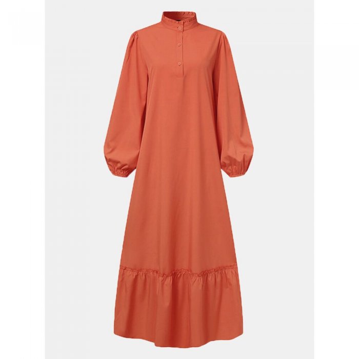 Solid Color Button Ruffled Hem Stand Collar Long Sleeve Dress