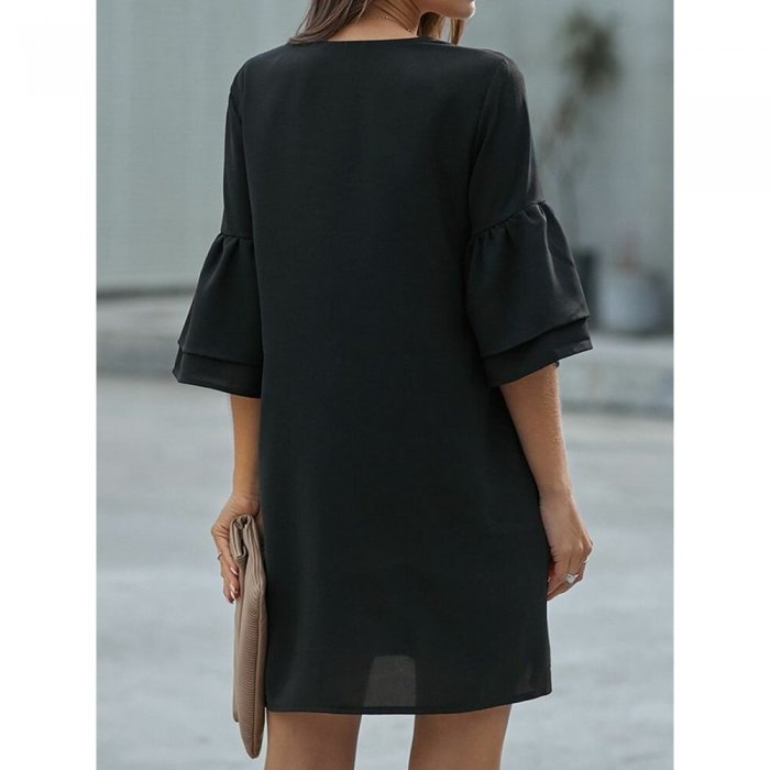 Loose Button V-neck 3//4 Length Sleeve Solid Color Casual Dress