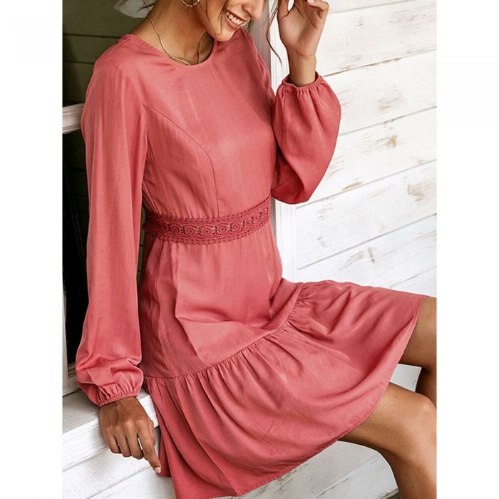 Solid Backless Knotted Long Sleeve Stitch O-neck Casual Dress